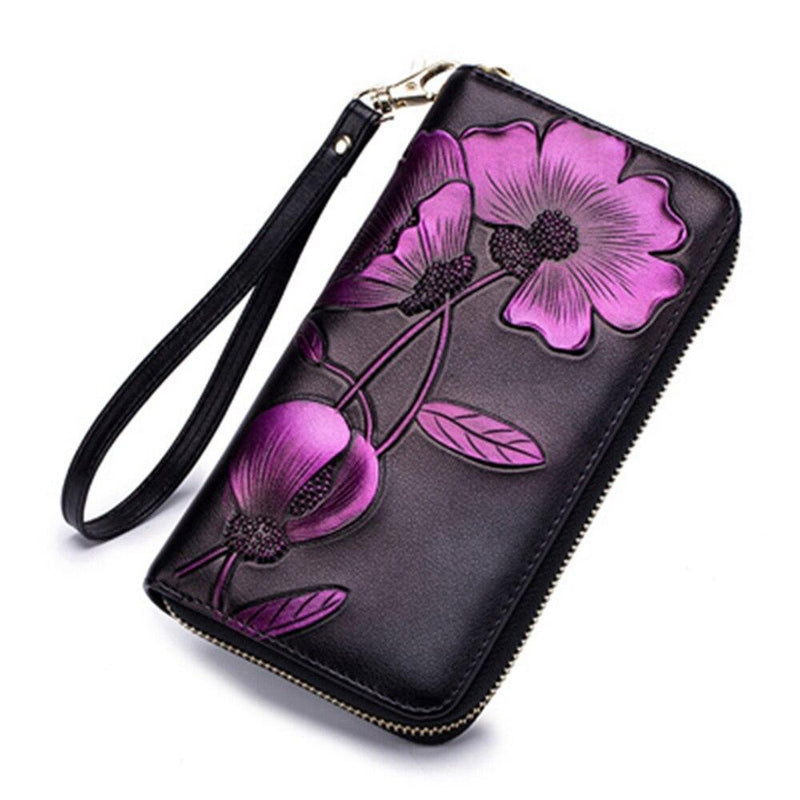 Portefeuille en cuir véritable fleur colorée - L’élégant™ rose